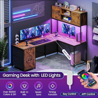 SEDETA L Shaped Desk with Drawers, 62.2" Home Office Desk with Fabric File Drawers and Power Outlet, L Shaped Desk with Hutch, Storage Shelves, LED Lights, Rustic Brown - color: Rustic Brown