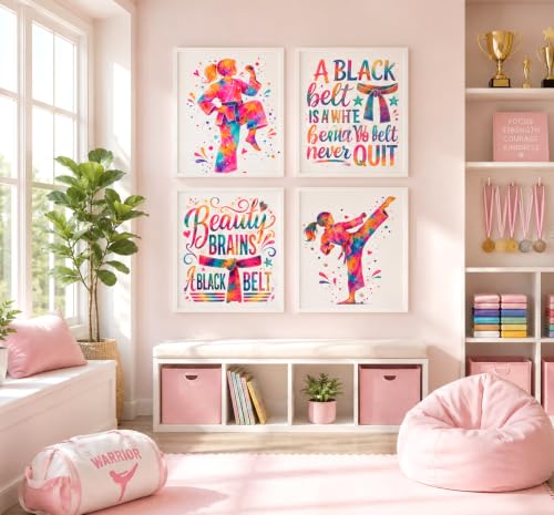 Inspirational Watercolor Karate Girl Athlete with Empowering Motivational Quote Art Print Set for Girl's Bedroom Empowerment, Playroom Energy Boost, Locker Team Spirit, Young Karateka Surprises, Aspiring Black Belt Tokens, Team Captain Honors, Coach Gifts