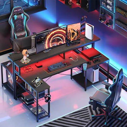 Bestier LED Gaming Desk with Power Outlets, 71 inch L Shaped Computer Desk with Monitor Stand, Large Desk with Printer Stand Adjustable Shelf, Cup Holder & Hooks, Home Office Desk Black | Carbon Fiber Desktop, 20 Static 22 Dynamic RGB Modes, Storage Rack,