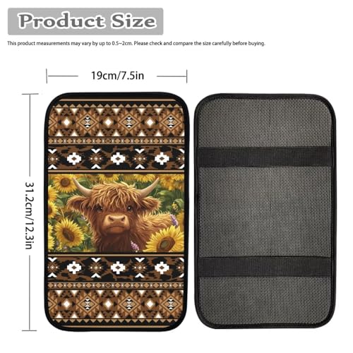 Wanyint Auto Center Console Pad, Easy to Install Armrest Cover, Car Accessories Fit Most Vehicles, SUV, Truck, Vans Sedans, Aztec Brown Highland Cow Sunflower - color: Aztec Brown Highland Cow Sunflower