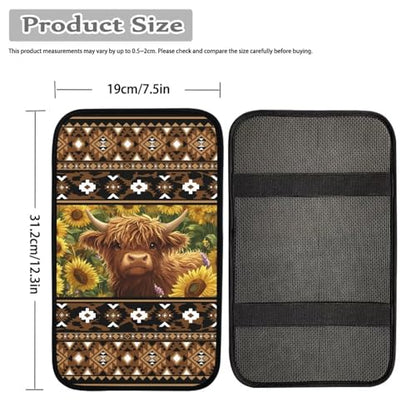 Wanyint Auto Center Console Pad, Easy to Install Armrest Cover, Car Accessories Fit Most Vehicles, SUV, Truck, Vans Sedans, Aztec Brown Highland Cow Sunflower - color: Aztec Brown Highland Cow Sunflower
