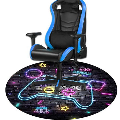 Blue Purple Gaming Chair Mat for Hardwood Floor Anti-Slip, Brick Wall Neon Graffiti Gamer Round Office Computer Carpet for Teen Bedroom Decor, Office Gaming Room, Round 47"