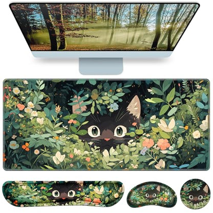 Mouse Pad Anime, Mouse Pad with Wrist Rest, 4-in-1 XXL Large Desk Mat Kawaii Mousepad with Gel Wrist Support Keyboard Wrists Rest Coaster, Ergonomic Gaming Cat Desk Pad, Funny Cute Office Accessories - color: Curious Cat