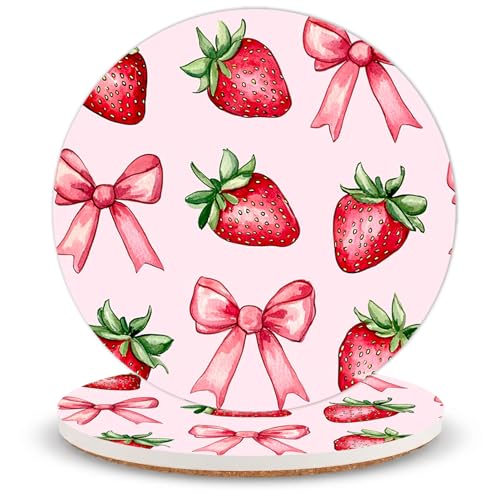 Bow Strawberry Ceramic Coasters of 2 with Cork Backing Absorbent Coaster | Non-Slip Coasters for Drinks and Coffee Table Office Desk Home Decor, Gifts for Strawberry Lovers, Mom, Friends - color: Bow Strawberry