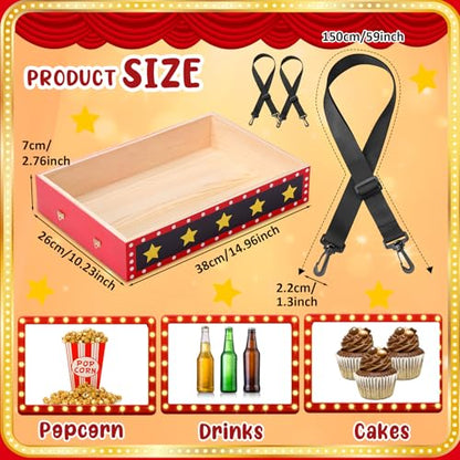 Movie Night Trays with Strap 15 x 10 x 3 Inch Wooden Snack Tray Party Wearable Serving Trays Usherette Popcorn Drink Beverage Carrier for Theater Family Room Film Carnival Prop Supplies(Star) - style: Star