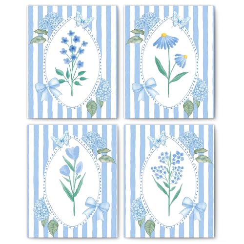 FITIE Blue and White Striped Floral Wall Art Posters Set of 4, Grandma Core Home Decor, Cottagecore Coquette Blue Bow Hydrangea Flower Canvas Prints Artwork Wall Decor, 8x10 Unframed - color: Home Wall Art 02