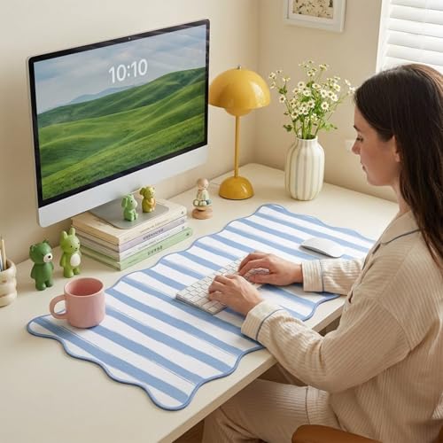 Copkim 1 Pcs Blue Scalloped Striped Desk Mat 31.5 x 11.8 Inch Large Cute Mouse Pad Computer Mat Non Slip Waterproof Rubber Base with Border Stitching Soft Keyboard Pad for Home Office Gaming Makeup - color: Blue, style: Strip