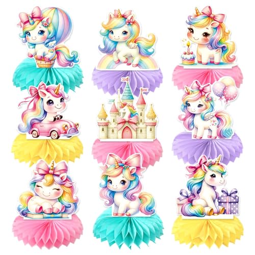 9pcs Rainbow Unicorn Honeycomb Decorations, Cute Sweet Honeycomb Centerpiece table decor, Birthday Party Supplies Ornaments - color: Unicorn B
