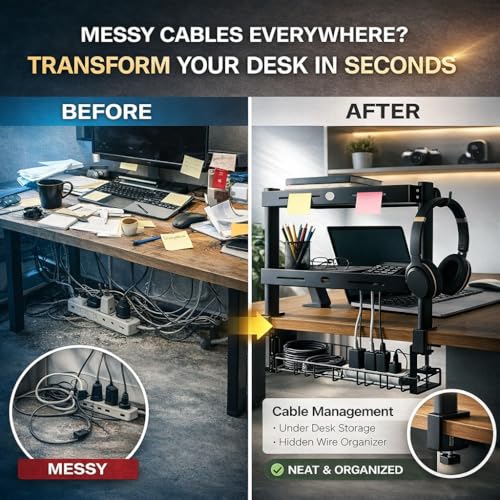 Clamp On Desk Shelves Organizer, Adjustable 2-Tier Desk Storage Rack with Large Trays, Phone Stand & Headphone Hook, No-Drill Setup for Office & Gaming Desks