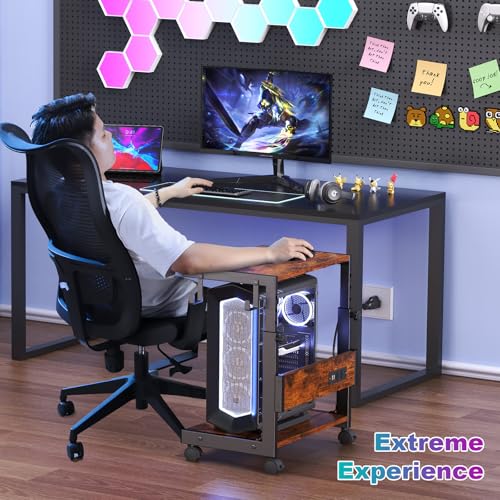Computer Tower Stand with Charge Station and USB Charging Port - Height Adjustable PC Tower Stand, Under Desk CPU Holder Cart with Locking Caster Wheels for Fits Most PC - color: Brown