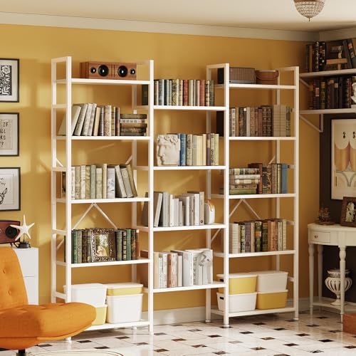 SUPERJARE Triple Bookshelf, Bookcase with 14 Open Display Shelves, Wide Book Shelf Book Case for Home & Office, 5 Tier, White - color: White, size: 5 Tier