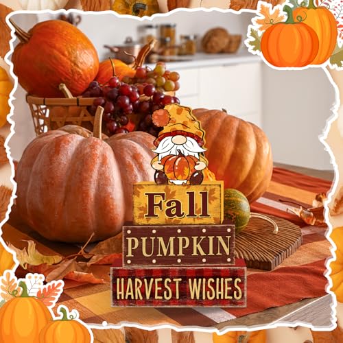 4 Pcs Fall Decorations for Home Thanksgiving Gnome Tiered Tray Decor, Fall Table Decor Farmhouse Rustic Wooden Gnome Pumpkin Block Sign Autumn Tabletop Centerpieces for Home Kitchen Indoor - style: Gnome
