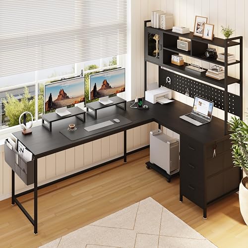 L-Shaped Computer Desk with Charging Station and Light Strip, Gaming Desk with Pegboard & Storage Shelves, Corner Table with 3 Drawers, Monitor and Computer Tower Stand for Home Office, Black - color: Black