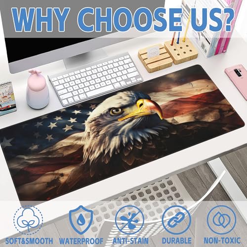 Desk Mat,American Bald Eagle Large Gaming Mouse Pad XL,USA Flag Eagle Desk Pad,Extended Big Computer Keyboard Mousepad with Non-Slip Base and Stitched Edge 31.5"x11.8" - color: American Bald Eagle, size: XL-31.5"x11.8"