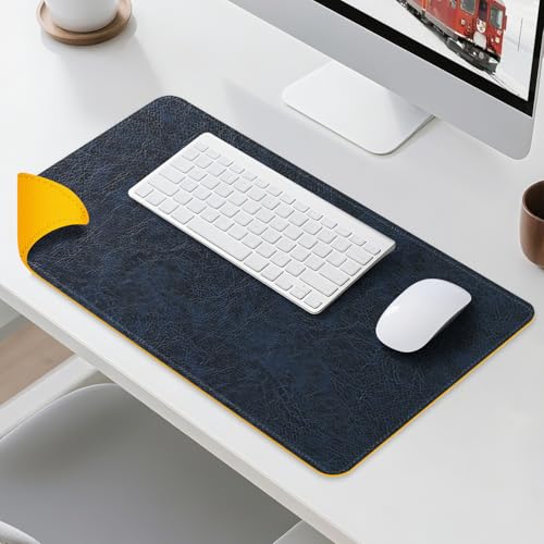 Imitation Crazy Horse Leather Desk Mat - Waterproof Desk Pad - Ideal for Large Mouse Pad and Desk Mats on Top of Desks (Dark Blue+Yellow, 33"*13") - color: Dark Blue+yellow, size: 33" x 13"