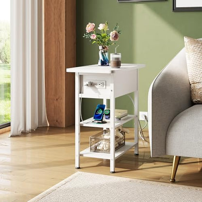 WLIVE End Table with Charging Station, Flip Top Side Table with Storage Shelf, Sofa Couch Table with USB Ports and Outlets, Narrow Bedside Table for Living Room, Bedroom ,11.81"D x 23.62"W x 24.33"H - color: White