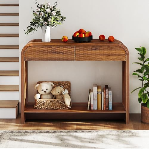 Curved Console Table Arch with Storage, Narrow Entryway Table with Drawers, 43.3'' Couch Table Behind Sofa Long and Skinny for Living Room TV, Hallway Entrance Foyer, Mid Century Farmhouse Rattan