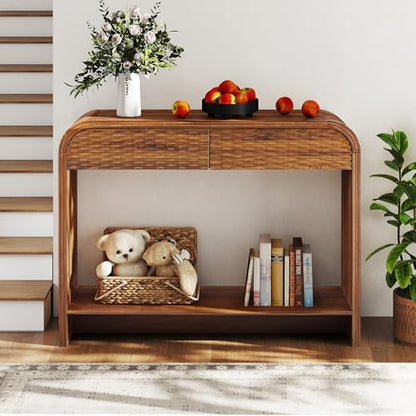 Curved Console Table Arch with Storage, Narrow Entryway Table with Drawers, 43.3'' Couch Table Behind Sofa Long and Skinny for Living Room TV, Hallway Entrance Foyer, Mid Century Farmhouse Rattan