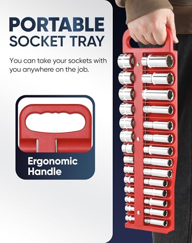 Reniteco Magnetic Socket Holder Set, Red Portable Heavy Duty Socket Rail For 3/8-inch Drive, Hold 28 Sockets - Fit Shallow & Deep Sockets, Sockets Not Included - color: 3/8"-red