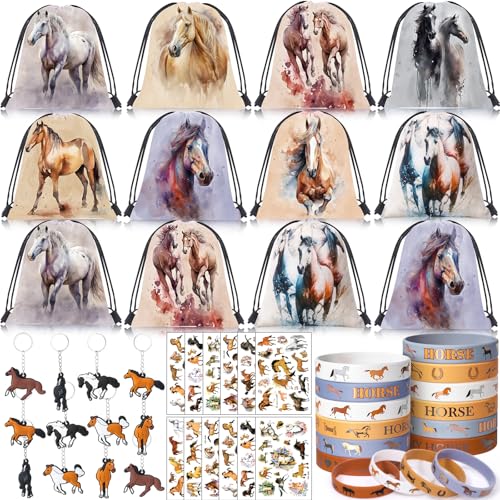 SNLN 12Sets Horse Party Favors Birthday Supplies Boy Girl Kid, Drawstring Bag Silicone Bracelet Tattoo Sticker Keychain Horse Themed Pinata Filler Cowboy Cowgirl Rodeo Western Party Favors Supplies - style: Horse