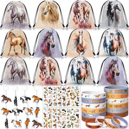 SNLN 12Sets Horse Party Favors Birthday Supplies Boy Girl Kid, Drawstring Bag Silicone Bracelet Tattoo Sticker Keychain Horse Themed Pinata Filler Cowboy Cowgirl Rodeo Western Party Favors Supplies - style: Horse