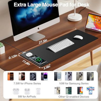 Magnetic Wireless Charging Mouse Pad, 27.5"x11.8" Gaming Desk Mat for Keyboard/Laptop, Non-Slip Base & 20W PD Adapter, Waterproof Smooth Desk Writing Pad for Gamer, Office & Home, Black - color: Black-27.5"x11.8"(with Wall Charger)
