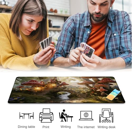 for MTG Playmat 24 x 14 Inches Enchanting Mushroom Houses Magic Play Mat Card Game Mat for Magic The Gathering TCG PTCG Playmat with Free Storage Bags Non-Slip Backing and Stitched Edge - color: Enchanting Mushroom Houses No With Zones