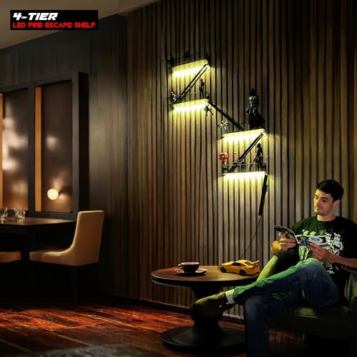 Fire Escape Wall Shelf for Collectibles – Iron Fire Escape Shelf with Pre-Attached LED Light Strips, 12 Colors, Holds 44 lbs