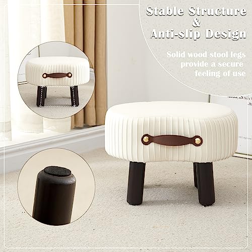 Foot Stools Small, White Ottomon with Handle, Velvet Footrest | Curved Foot Stool with Padded Seat Wooden Legs, Portable Foot Rest for Living Room, Bedroom, Entryway (White) - color: Bright White