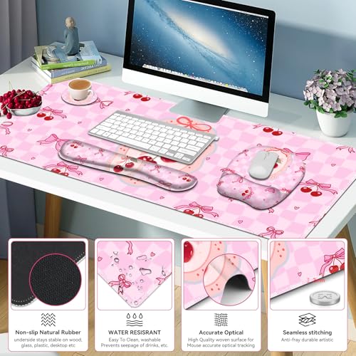 Cute Check Mouse Pad with Wrist Support 4 in1 Set, XXL Big Game Mousepad + Keyboard Wrist Rest + Mouse Wrist Rest Pad +Coaster Gaming Mat for Work Study Home Office I Pink Cherry & Bow Dream - color: Pink Cherry & Bow Dream