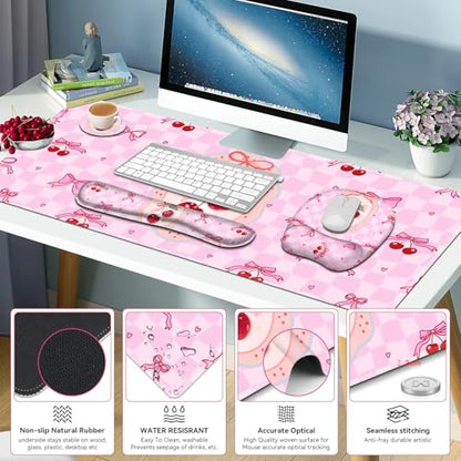 Cute Check Mouse Pad with Wrist Support 4 in1 Set, XXL Big Game Mousepad + Keyboard Wrist Rest + Mouse Wrist Rest Pad +Coaster Gaming Mat for Work Study Home Office I Pink Cherry & Bow Dream - color: Pink Cherry & Bow Dream