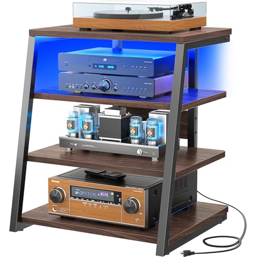 Armocity 4-Tier AV Media Stand with Power Strips, Corner TV Stand with LED Lights, Rack Audio Tower with Adjustable Shelves, Corner Entertainment Center, 30'', Black Walnut - color: Black Walnut, size: 30" (H)