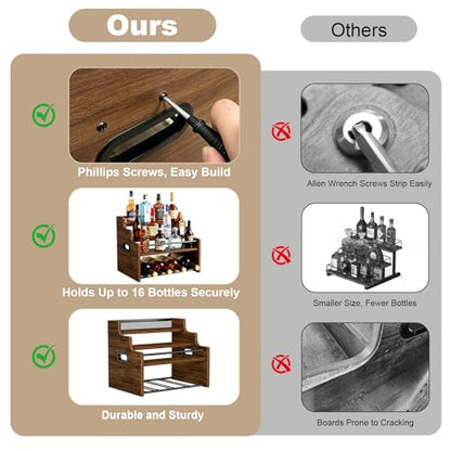 4-Tier Wood Display Shelf Wine Rack for 16 Bottles Wood Coffee Syrup Organizer with Handles Home Whiskey Shelf Retro Mini Liquor Cabinet Spice Rack Coffee Bar Shelves, Walnut - color: Walnut