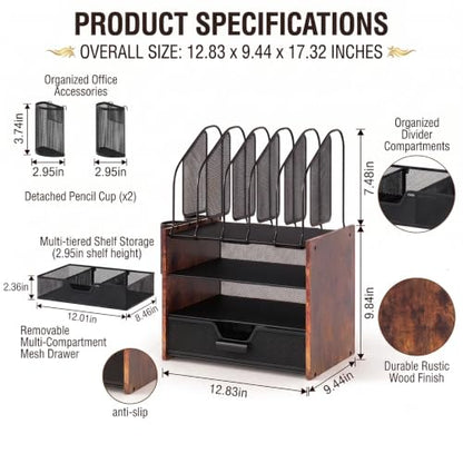 Wood Desk Organizer - 4-Tier Desktop File Organizer with Drawer, Wooden Paper Tray, Vertical File Holders & 2 Pencil Holders - Office Desk Organizer for Papers, Mail, Notebooks, Stationery - size: 4 Tier Drawer with Vertical File Holder