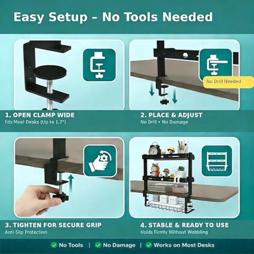 Clamp On Desk Shelves Organizer, Adjustable 2-Tier Desk Storage Rack with Large Trays, Phone Stand & Headphone Hook, No-Drill Setup for Office & Gaming Desks