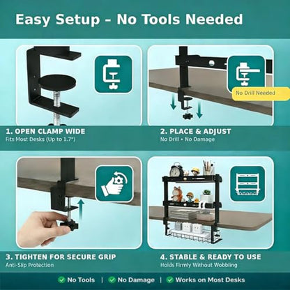 Clamp On Desk Shelves Organizer, Adjustable 2-Tier Desk Storage Rack with Large Trays, Phone Stand & Headphone Hook, No-Drill Setup for Office & Gaming Desks