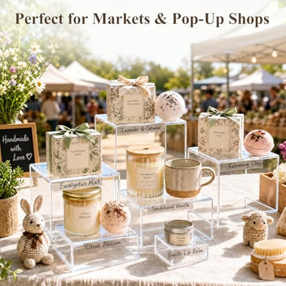 DomeStar 6PCS Clear and White Buffet Risers with Mini Sign, Food Risers Dessert Table Display Set for Buffet Table Party Catering Cupcake Cake Jewelry, Nesting Boxes for Food Display 8" 7" 6" 5" 4" 3" - color: Transparent