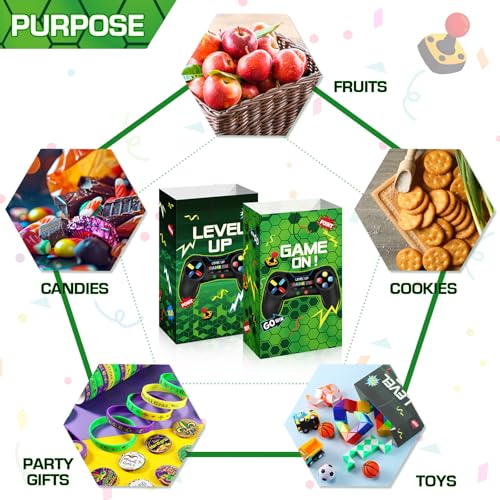 Geosar 30 Pack Video Game Party Favor Paper Bags Game on Goodie Candy Gift Bags with 30 Stickers Level up Reusable Goodie Treat Snacks Supplies for Boys Kids Gaming Birthday Party(Green) - color: Green