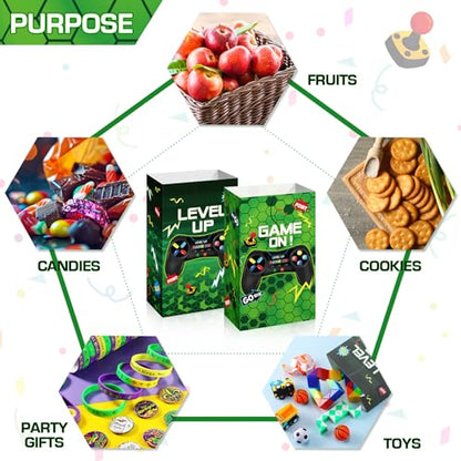 Geosar 30 Pack Video Game Party Favor Paper Bags Game on Goodie Candy Gift Bags with 30 Stickers Level up Reusable Goodie Treat Snacks Supplies for Boys Kids Gaming Birthday Party(Green) - color: Green