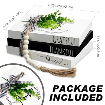 Capoda 3 Pcs Decorative Books for Home Decor Farmhouse Faux Stacked Books Wooden Rustic Table Decor with Bead Garland Twine Ribbon Faux Leaf for Table(Classic) - style: Classic
