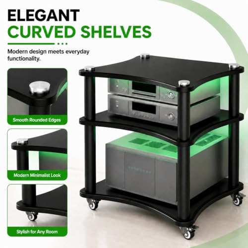 3-Tier AV Media Stand with LED Lights, Heavy Duty Mobile Stereo Cabinet Stand with Wheels, Wooden Stereo Rack, Audio Rack Furniture Perfect for DVD Player/Game Console (with Lights, 3 Tier) - color: With Lights, size: 3 Tier