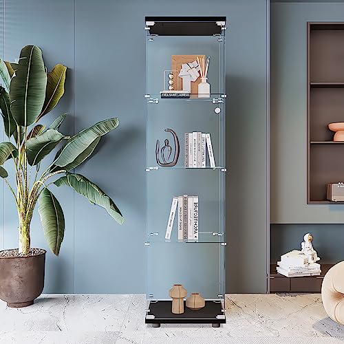 Beauty4U Glass Display Cabinet with 4 Shelves, Curio Cabinets for Living Room, Bedroom, Office, Black Floor Standing Glass Bookshelf, Quick Installation - color: Black, size: 1-Door 4-Shelf