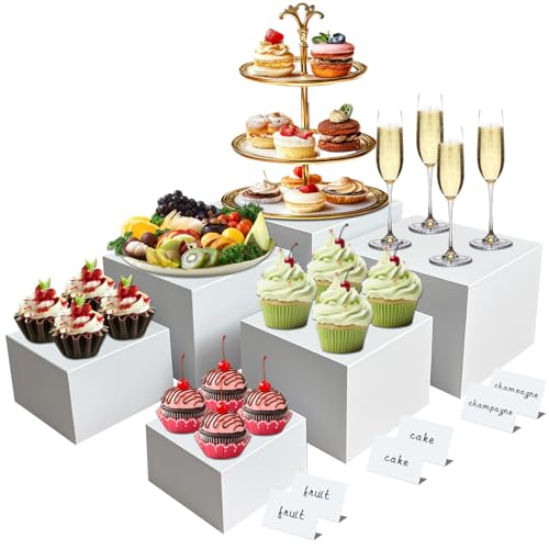 6 pcs white Acrylic Buffet Risers ，Buffet Risers Set，Mini Acrylic Signs，Nested riser with hollow bottom，Display stands for parties, restaurants, jewelry and collectibles(white, 6 pcs 5in to10in) - color: white, size: 6 pcs 5in to10in
