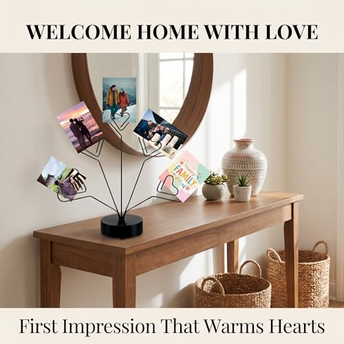 Desktop Heart-Shaped Photo Tree Style Holders Round Base,5-Branch Family Picture Frame Clips Holder Desk Card Display Stand for Christmas,Wedding, Birthday Party,Black - color: Black