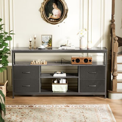 Huuger TV Stand Dresser with Power Outlets and LED Lights, 4 Drawers Entertainment Center with Shelves, 54in Media Console for 55 60 Inch TV, Dresser with PU Finish, Grey and Black - color: Grey and Black, size: 54 Inches