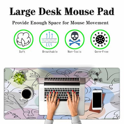 Abstract Women's Faces Gaming Mouse Pad Black Lines Drawing Large Full Desk Keyboard Mousepad for Computer,Home,Office 35.4"X15.7" - color: women's faces