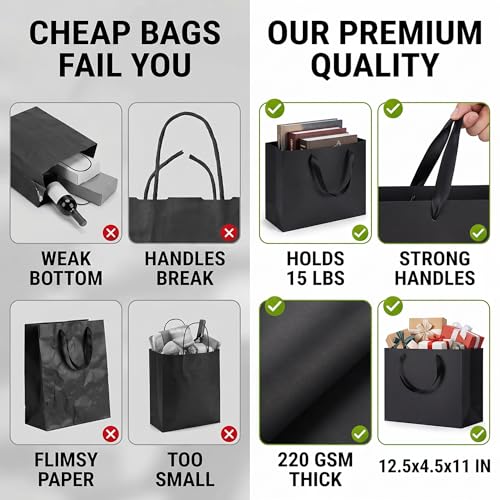 GEGIBOA Black Gift Bags With Handles 6 Pcs, 12.5x4.5x11 Inch Sturdy Kraft Paper Gift Bags, Bulk for Fathers Day, Wedding, Party, Birthday, Business and Shopping, Valentine's Day, Large Size - size: Black-L-6pcs