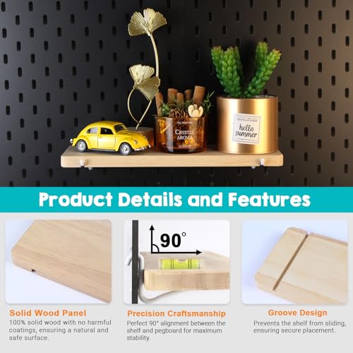 2 Pack Pegboard Shelves, Solid Wood Wall Shelf with Hooks, Compatible with IKEA Skadis Pegboard, Organizer Accessories for Home & Office
