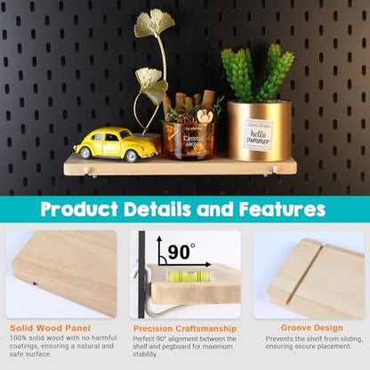 2 Pack Pegboard Shelves, Solid Wood Wall Shelf with Hooks, Compatible with IKEA Skadis Pegboard, Organizer Accessories for Home & Office