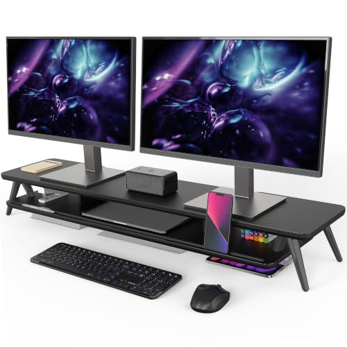 Fenge Dual Monitor Stand, Monitor Stands Riser for 2 monitors, 42.5 Inch Wood Desk Shelf with Storage Organizer and Cable Management for Office Desk Accessories - color: Black, size: 42.5 Inch